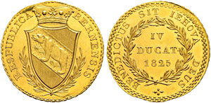 4 Dukaten 1825. Av. Gekröntes Berner Wappen ... 