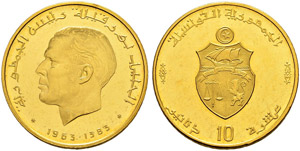 Gold coins - 10 dinars  1963ce/1383ah  AU  ... 