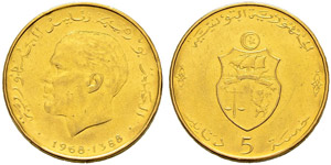 Gold coins - 5 dinars  1968ce/1388ah  AU  ... 