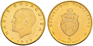 Gold coins - 5 dinars  1982ce/1402ah  AU  ... 
