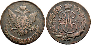 1763 - 5 Kopecks 1767, Red Mint. 51.48 g. ... 