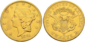 20 Dollars 1861, S San Francisco. 33.34 g. ... 