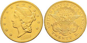20 Dollars 1869, Philadelphia. 33.40 g. Fr. ... 