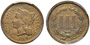 3 Cents 1869. PROBE / PATTERN, in Nickel, ... 