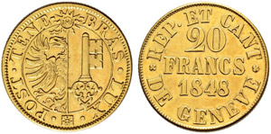 GENF / GENÈVE - Kanton - 20 Francs 1848. ... 