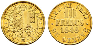 GENF / GENÈVE - Kanton - 10 Francs 1848. ... 