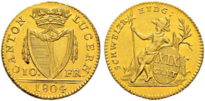 LUZERN - 10 Franken 1804. 4.75 g. D.T. 52. ... 