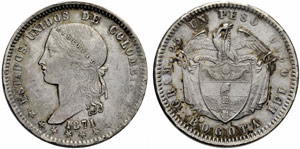 KOLUMBIEN - Republik. Peso 1871, Bogota. ... 