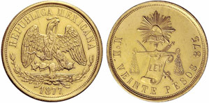 MEXIKO - Republik. 20 Pesos 1877, Mexiko. ... 