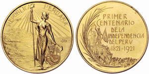 PERU - Republik. Goldmedaille 1921. 100 ... 