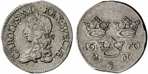 SCHWEDEN - Karl XI. 1660-1697. 2 Mark 1670. ... 