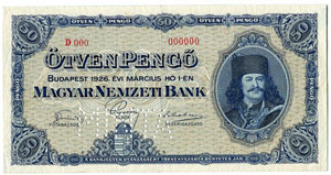 UNGARN - Banknoten - Specimen zu 50 Pengö ... 