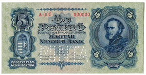 UNGARN - Banknoten - Specimen zu 5 Pengö ... 