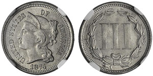 USA - 3 Cents 1874. NGC „MS65“. FDC.