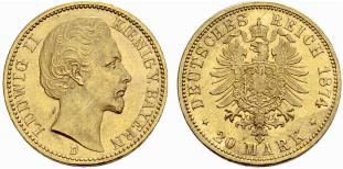 KAISERREICH - Ludwig II. 1864-1886. 20 Mark ... 