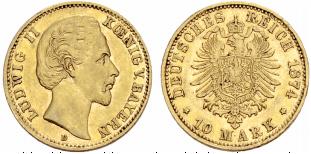 KAISERREICH - Ludwig II. 1864-1886. 10 Mark ... 