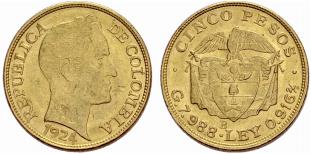 Republik, 1886-. 5 Pesos 1924. 7.96 g. Fr. ... 