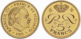 Rainier III. 1949-2005. Probe 5 Francs 1971. ... 