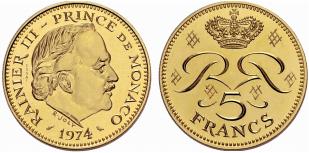 Rainier III. 1949-2005. Probe 5 Francs 1974. ... 