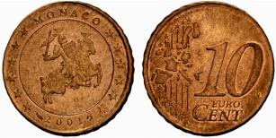 Rainier III. 1949-2005. 10 Euro-Cent 2001. ... 
