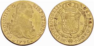 Carlos IV. 1788-1808. 8 Escudos 1795, Lima. ... 