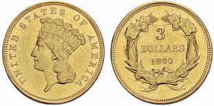 3 Dollars 1860, Philadelphia. 4.98 g. Fr. ... 