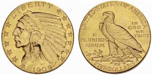 5 Dollars 1909. Indian head. 8.35 g. Fr. ... 