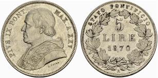 Pio IX. 1846-1878. 5 Lire 1870, AN XXV, Rom. ... 