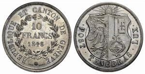 Genf / Genève - Stadt. 10 Francs 1848. ... 