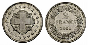 Proben - 2 Franken 1860. Prägung in Silber. ... 