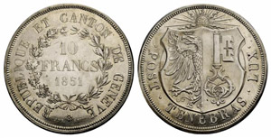 Genf / Genève - 10 Franken 1851. 52.09 g. ... 