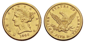 5 Dollars 1840, Philadelphia. 8.32 g. Fr. ... 