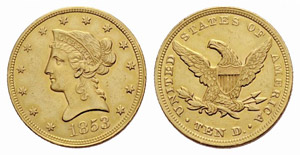 10 Dollars 1853, Philadelphia. 16.67 g. Fr. ... 