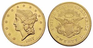 20 Dollars 1857, Philadelphia. 33.40 g. Fr. ... 