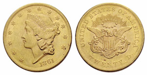 20 Dollars 1861, Philadelphia. 33.41 g. Fr. ... 