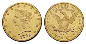 10 Dollars 1891, Carson City. 16.69 g. Fr. ... 