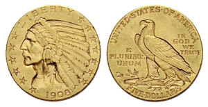 5 Dollars 1908, Philadelphia. Indian head. ... 