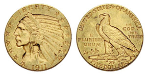5 Dollars 1911, Philadelphia. Indian head. ... 