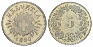5 Rappen 1850, ohne Münzzeichen. Divo 9. ... 