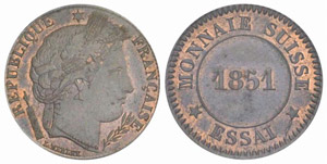 10 oder ½ Franken 1851. Prägung in Kupfer. ... 