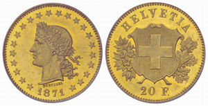 20 Franken 1871, Durussel. Prägung in Gold. ... 