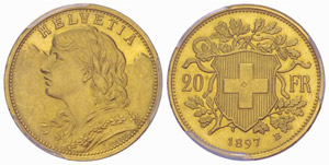 20 Franken 1897, Gondogold. Rand mit 22 ... 