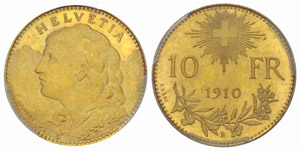 10 Franken 1910. Prägung in Gold. Gerippter ... 