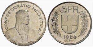 5 Franken 1928. Prägung in Silber. ... 