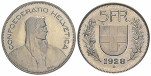 5 Franken 1928. Prägung in Nickel. Glatter ... 