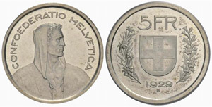 5 Franken 1929. Prägung in Silber. ... 
