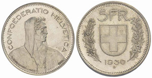 5 Franken 1930. Prägung in Silber. ... 