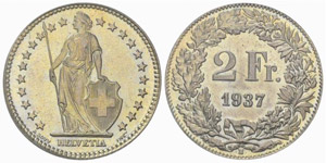 2 Franken 1937. Prägung in Kupfer/Nickel. ... 