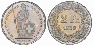 2 Franken 1938. Prägung in Kupfer/Nickel. ... 