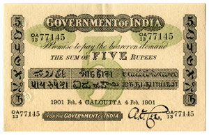 INDIEN - 5 Rupien vom 4.2.1901. Pick A3c. ... 